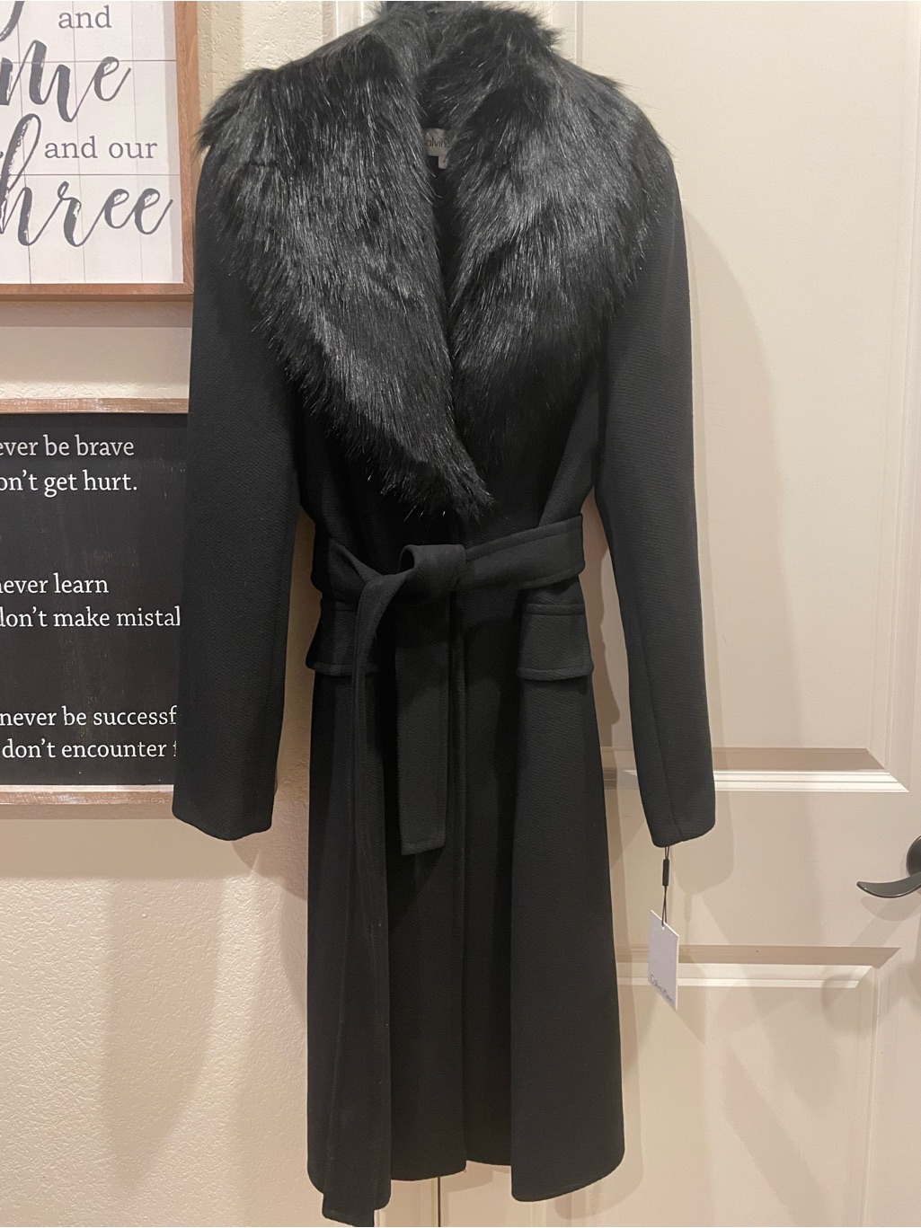 Calvin Klein Black Trench Coat With Faux Fur Collar